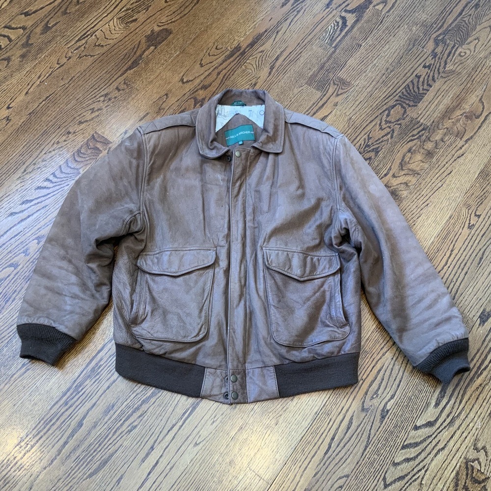 Vintage Men's Brown Leather Bomber Jacket Size 46 Moto Pilot Retro‎ Hipster